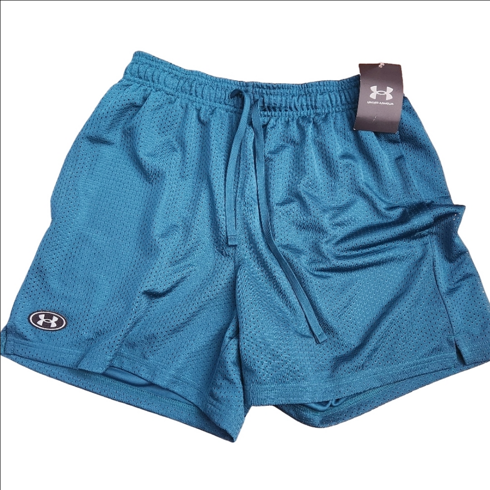 UNDER ARMOUR Men's small blue/green mesh drawstring pockets athletic shorts NWT